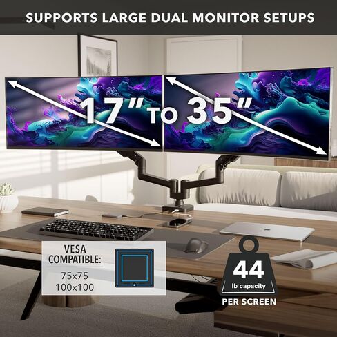Mount-It! Proflex Series Heavy-Duty Dual Monitor Arm for 17–35" Screens, Gas Spring, Full Motion, USB-C & USB 3.0 Ports, VESA 75/100, Fits Ultrawide & Curved Displays, Clamp or Grommet Base in Saudi Arabia