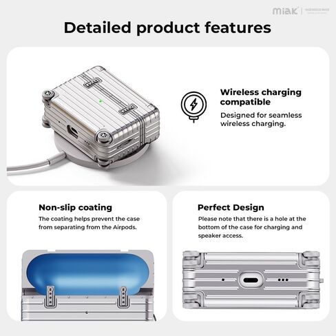 حافظة MIAK AirPods Pro 3، متوافقة مع الشحن اللاسلكي، غطاء واقي مقاوم للصدمات مع ملصقات وسلسلة مفاتيح - فضي in Kuwait