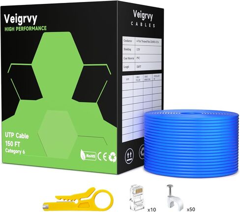كابل إيثرنت Cat 6 بطول 150 قدمًا، كابل 23AWG 550 ميجا هرتز صلب CCA UTP Cat 6 مع موصل 10 Rj45، كابل إنترنت عالي السرعة لشبكة الألعاب LAN سلك إيثرنت للكاميرات وأجهزة الكمبيوتر - أزرق in Kuwait
