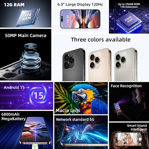 هاتف ذكي A16 PRO M، هاتف خلوي غير مغلق بسعة 12+256 جيجابايت/1 تيرابايت، هاتف 2025-Android 15، بطارية 6800 مللي أمبير في الساعة، كاميرا 108 ميجابكسل + 50 ميجابكسل، شاشة عالية الدقة 6.9 بوصة + 120 هرتز، ثنائي شريحة الاتصال/معرف الوجه/هاتف 5G - رمادي in Kuwait