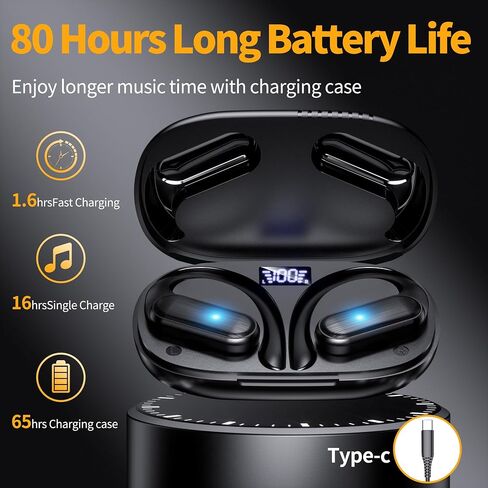 Wireless Earbuds,Bluetooth Headphones 80hrs Play Back Sport Earphones with LED Display Over-Ear Buds with Earhooks Built-in Mic IPX7 Waterproof Headset for Workout Grey (Upgrade Black) in Saudi Arabia