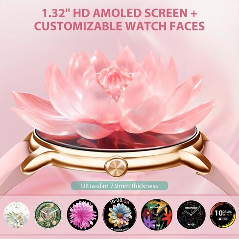 ساعة ذكية للنساء 1.32 بوصة AMOLED تعمل باللمس، ساعة بلوتوث رفيعة للغاية للاتصال الرياضي، مراقب معدل ضربات القلب/النوم [اللياقة البدنية/التأمل] مقاومة للماء لتتبع الأنشطة الرياضية، Android iOS، وردي in Kuwait