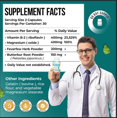 مكمل لتخفيف الصداع النصفي - كبسولات جذر الزبدة والريبوفلافين والمغنيسيوم والينسون خالية من PA - مزيج فريد من نوعه من مكملات الصداع النصفي الأصلية من Mind Ease يوفر الوقاية من الصداع النصفي - 60 قطعة in Kuwait