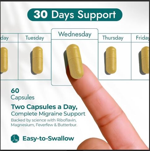 مكمل لتخفيف الصداع النصفي - كبسولات جذر الزبدة والريبوفلافين والمغنيسيوم والينسون خالية من PA - مزيج فريد من نوعه من مكملات الصداع النصفي الأصلية من Mind Ease يوفر الوقاية من الصداع النصفي - 60 قطعة in Kuwait