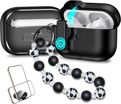 متوافق مع AirPods Pro الجيل الثالث، لحافظة Airpod Pro 3 2025 مع قفل، تصميم غطاء تلقائي منبثق للحماية الكاملة من السقوط مع سلسلة مفاتيح للنساء، قوس أرجواني in Kuwait