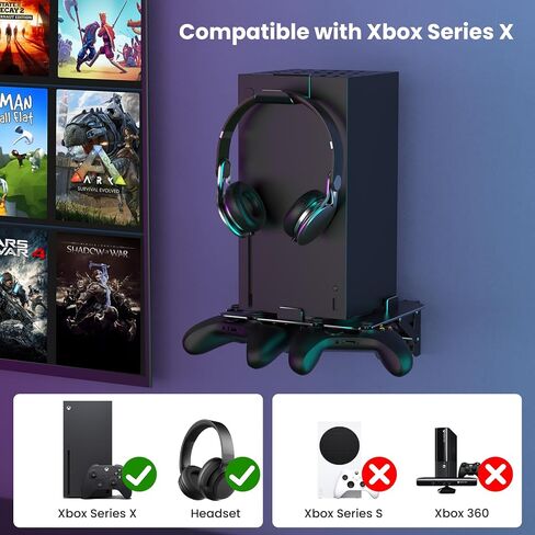 ZHGM Folding Wall Mount for Xbox Series X, Aluminum Alloy Wall Mount Kit for Xbox X with 2 Controller Holders & 1 Headphone Hook, Console Facing Forward Heavy Duty Shelf Wall Mount Bracket (Black) in Saudi Arabia