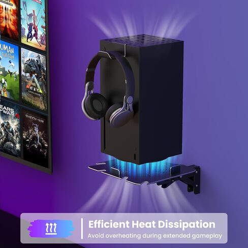 ZHGM Folding Wall Mount for Xbox Series X, Aluminum Alloy Wall Mount Kit for Xbox X with 2 Controller Holders & 1 Headphone Hook, Console Facing Forward Heavy Duty Shelf Wall Mount Bracket (Black) in Saudi Arabia