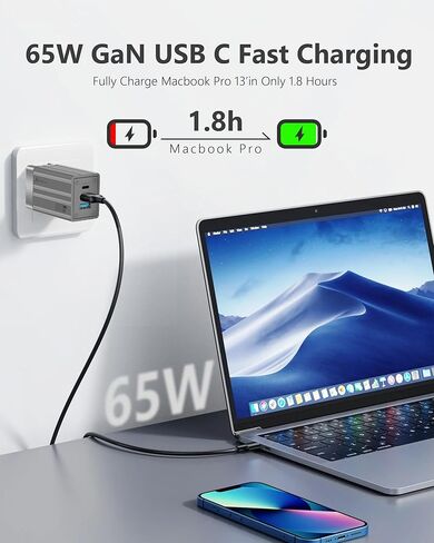 كتلة شحن سريعة USB C، شاحن سريع 65 وات GaN 3 منافذ، محول Acoucou من النوع C مع كابل، لهاتف iPhone 17,16,15، iPad، MacBook، Galaxy S25، S24، S23، الكمبيوتر اللوحي (برونزي) in Kuwait