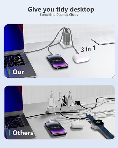 كتلة شحن سريعة USB C، شاحن سريع 65 وات GaN 3 منافذ، محول Acoucou من النوع C مع كابل، لهاتف iPhone 17,16,15، iPad، MacBook، Galaxy S25، S24، S23، الكمبيوتر اللوحي (برونزي) in Kuwait