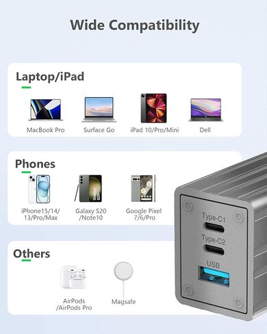 كتلة شحن سريعة USB C، شاحن سريع 65 وات GaN 3 منافذ، محول Acoucou من النوع C مع كابل، لهاتف iPhone 17,16,15، iPad، MacBook، Galaxy S25، S24، S23، الكمبيوتر اللوحي (برونزي) in Kuwait