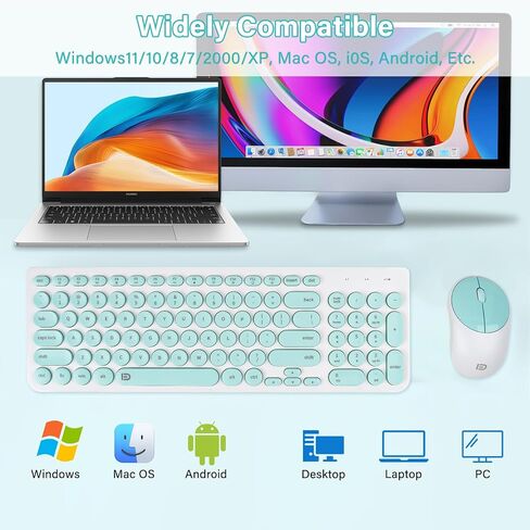 XuanGui Wireless Keyboard Mouse Combo Round Keycaps,Full Size Retro Typewriter Keyboard,Intelligent Sleep Mode,Ultra Slim Portable,2.4GHz Cordless Connection for Mac/Windows/PC Computer/Laptop(Blue) in Saudi Arabia