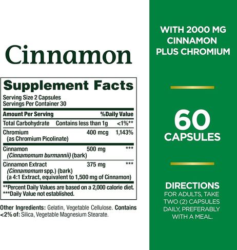 Nature's Bounty Cinnamon 2000mg بالإضافة إلى الكروم ، ملحق دعم استقلاب السكر ، 60 كبسولة in Saudi Arabia