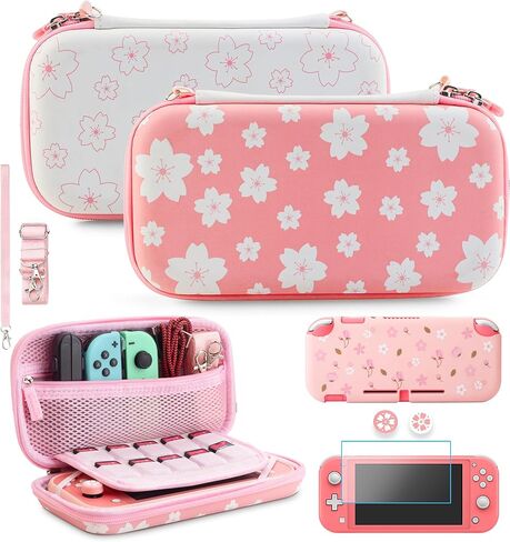 GLDRAM Strawberry Case for Nintendo Switch Lite, Pink Cute Travel Carrying Pouch for Switch Lite Accessories Bundle with Soft Protective Cover, Screen Protector, Shoulder Strap & 2 Thumb Caps for Girls in Kuwait