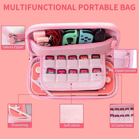 GLDRAM Strawberry Case for Nintendo Switch Lite, Pink Cute Travel Carrying Pouch for Switch Lite Accessories Bundle with Soft Protective Cover, Screen Protector, Shoulder Strap & 2 Thumb Caps for Girls in Kuwait