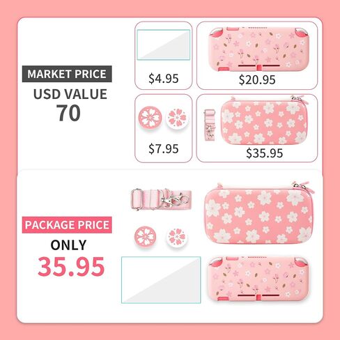 GLDRAM Strawberry Case for Nintendo Switch Lite, Pink Cute Travel Carrying Pouch for Switch Lite Accessories Bundle with Soft Protective Cover, Screen Protector, Shoulder Strap & 2 Thumb Caps for Girls in Kuwait