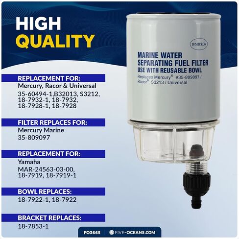 Five Oceans Fuel Water Separator Marine - Fuel Water Separator with Clear Bowl, Replaces# S3213, 35-60494-1, 18-7932-1,18-17928,35-809097, for Marine Outboard Motor Mercury, Racor, Universal - FO3665 in Saudi Arabia