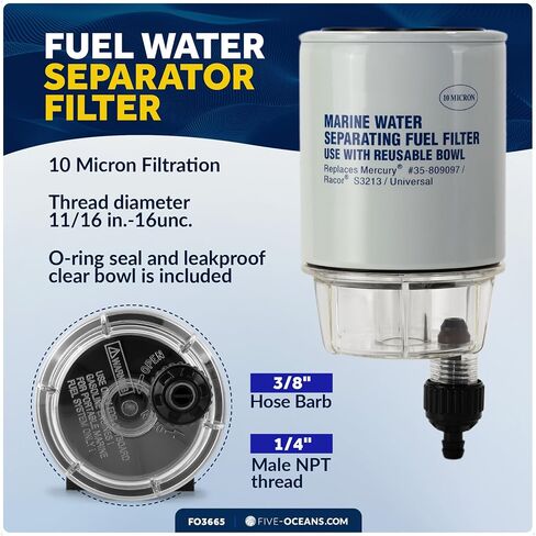 Five Oceans Fuel Water Separator Marine - Fuel Water Separator with Clear Bowl, Replaces# S3213, 35-60494-1, 18-7932-1,18-17928,35-809097, for Marine Outboard Motor Mercury, Racor, Universal - FO3665 in Saudi Arabia
