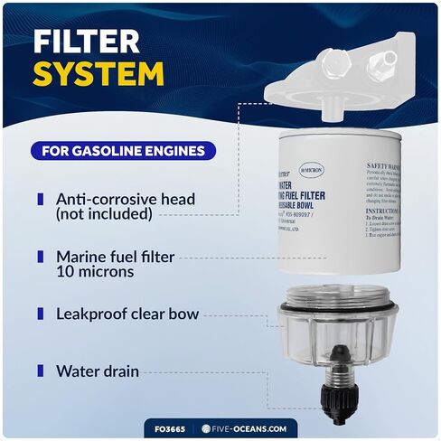 Five Oceans Fuel Water Separator Marine - Fuel Water Separator with Clear Bowl, Replaces# S3213, 35-60494-1, 18-7932-1,18-17928,35-809097, for Marine Outboard Motor Mercury, Racor, Universal - FO3665 in Saudi Arabia