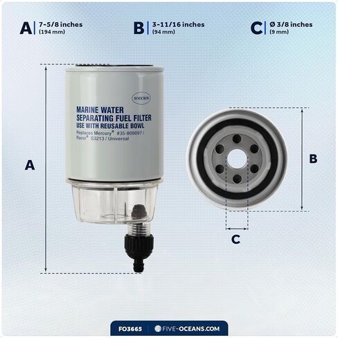 Five Oceans Fuel Water Separator Marine - Fuel Water Separator with Clear Bowl, Replaces# S3213, 35-60494-1, 18-7932-1,18-17928,35-809097, for Marine Outboard Motor Mercury, Racor, Universal - FO3665 in Saudi Arabia
