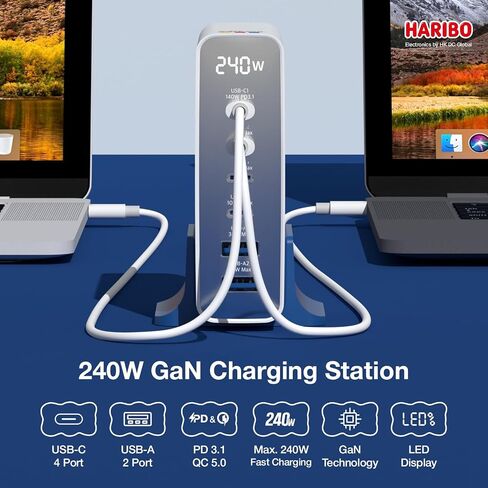 محطة شحن Haribo 240W GaN، شاحن 6 منافذ USB-C وUSB-A، PD 3.1 (140W) وQC 5.0، متوافق مع MacBook وiPhone وGalaxy وPixel وiPad والأجهزة اللوحية in Kuwait
