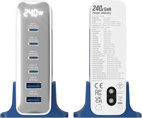 محطة شحن Haribo 240W GaN، شاحن 6 منافذ USB-C وUSB-A، PD 3.1 (140W) وQC 5.0، متوافق مع MacBook وiPhone وGalaxy وPixel وiPad والأجهزة اللوحية in Kuwait