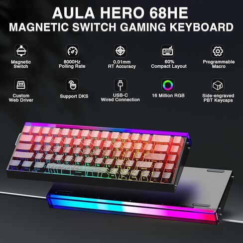 AULA Hero 68 HE 60% Gaming Keyboard Wired, Hall Effect Magnetic Switch Keyboard with 8K Hz Polling Rate, Side Printed PBT Keycaps, RGB Light Box, Customizable Web Software for PC/Mac Gamers (Renewed) in Saudi Arabia