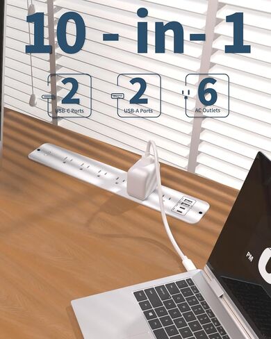وصلة شريط الطاقة المجوف - 10 منافذ حماية من زيادة التيار مع 6 تيار متردد - 2 USB-A (18 وات) ومنفذين USB-C (PD20W) - منفذ مكتب مثبت على السطح مع سلك بطول 6 أقدام - لطاولة المؤتمرات (أسود) in Saudi Arabia