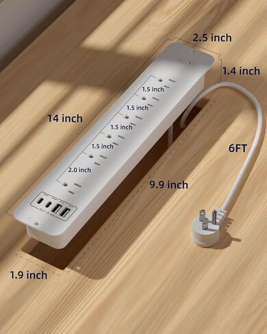 وصلة شريط الطاقة المجوف - 10 منافذ حماية من زيادة التيار مع 6 تيار متردد - 2 USB-A (18 وات) ومنفذين USB-C (PD20W) - منفذ مكتب مثبت على السطح مع سلك بطول 6 أقدام - لطاولة المؤتمرات (أسود) in Saudi Arabia