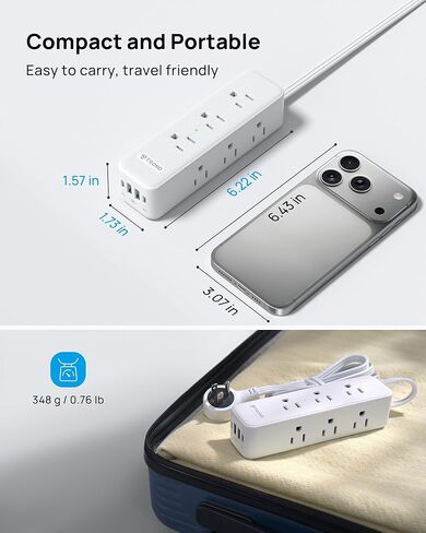 TROND 360° Rotating Flat Plug Power Strip with USB PD 20W, 5FT Flat Extension Cord Surge Protector 1300J with 9 Outlets 4 USB Ports, Wall Mountable, for Home Office Travel Dorm Room Essentials, White in Kuwait