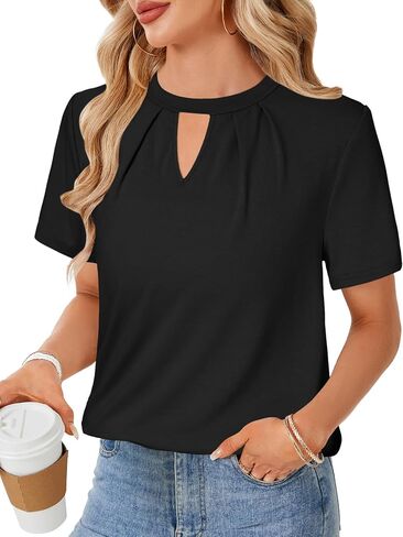 Rooscier Women's Dressy Satin Silky Pleated Crewneck Short Sleeve Business Casual Blouses Shirts Tops in Saudi Arabia