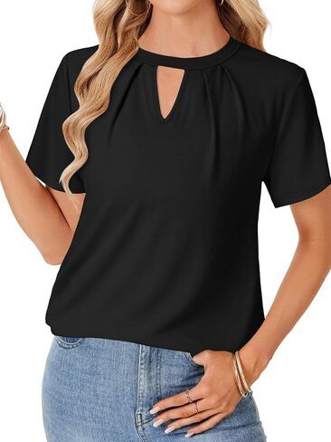 Rooscier Women's Dressy Satin Silky Pleated Crewneck Short Sleeve Business Casual Blouses Shirts Tops in Saudi Arabia