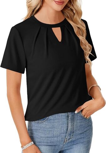 Rooscier Women's Dressy Satin Silky Pleated Crewneck Short Sleeve Business Casual Blouses Shirts Tops in Saudi Arabia
