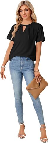 Rooscier Women's Dressy Satin Silky Pleated Crewneck Short Sleeve Business Casual Blouses Shirts Tops in Saudi Arabia