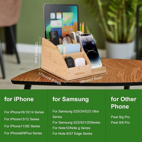 حامل أقلام من الخيزران لمنظم المكتب ومنضدة النوم مع شحن لاسلكي سريع لهواتف iPhone وSamsung والمزيد - ملحقات مكتب المكتب للرجال/النساء (طبيعي) in Saudi Arabia