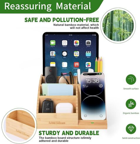حامل أقلام من الخيزران لمنظم المكتب ومنضدة النوم مع شحن لاسلكي سريع لهواتف iPhone وSamsung والمزيد - ملحقات مكتب المكتب للرجال/النساء (طبيعي) in Saudi Arabia