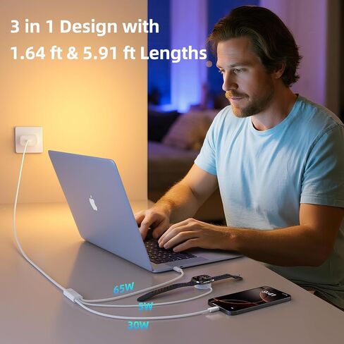 شاحن ساعة أبل 100 وات 3 في 2 USB-C+USB-C+iWatch سلك شاحن، كابل شحن متعدد شاحن سفر محمول لآيفون 17/16/15، ماك بوك، آيباد، سامسونج، أندرويد، جوجل بيكسل، ديل، إتش بي، لينوفو، كروز in Saudi Arabia