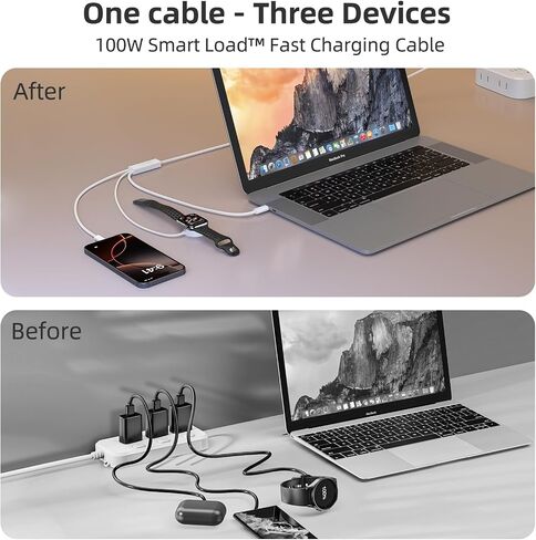 شاحن ساعة أبل 100 وات 3 في 2 USB-C+USB-C+iWatch سلك شاحن، كابل شحن متعدد شاحن سفر محمول لآيفون 17/16/15، ماك بوك، آيباد، سامسونج، أندرويد، جوجل بيكسل، ديل، إتش بي، لينوفو، كروز in Saudi Arabia