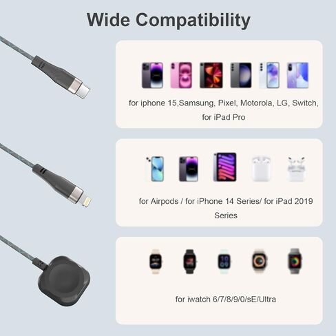 2025 Upgraded 3 in 2 Travel Charger for Apple Watch & iPhone - USB C/Magnetic Wireless Fast Charging Cable, Compatible with iWatch Ultra 2/SE/10-1, iPhone 16/15, Galaxy S24 (Portable 6FT) in Saudi Arabia