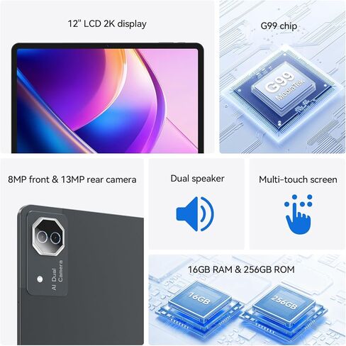 12 inch Android Tablet, 2K Display Android 15 Tablet, MTK G99 Octa-Core, 16GB 256GB 1TB Expansion, 2.4/5G WiFi, 21MP Camera, Widevine L1, Gemini AI 2.0, Tablets with Keyboard, Mouse, Case etc in Kuwait