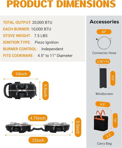 Propane 2-Burner Camping Stove with Windscreen, Portable& Foldable Camping Stoves with Carry Bag, 20000 BTU Camp Stove with Adjustable Burners& Piezo Ignition for Camping& Outdoor (Black) in Saudi Arabia