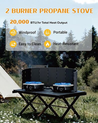 Propane 2-Burner Camping Stove with Windscreen, Portable& Foldable Camping Stoves with Carry Bag, 20000 BTU Camp Stove with Adjustable Burners& Piezo Ignition for Camping& Outdoor (Black) in Saudi Arabia