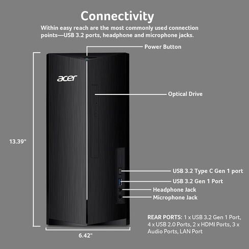 كمبيوتر مكتبي acer Aspire TC-1760-UA92، الجيل الثاني عشر Intel Core i5-12400 6-Core (حتى 4.4 جيجا هرتز)، ذاكرة الوصول العشوائي DDR4 سعة 32 جيجابايت، 1 تيرابايت SSD، 8X DVD، Intel Wireless Wi-Fi 6 AX201، بلوتوث، Windows 11 Home+JVQ MP in Saudi Arabia