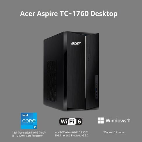 كمبيوتر مكتبي acer Aspire TC-1760-UA92، الجيل الثاني عشر Intel Core i5-12400 6-Core (حتى 4.4 جيجا هرتز)، ذاكرة الوصول العشوائي DDR4 سعة 32 جيجابايت، 1 تيرابايت SSD، 8X DVD، Intel Wireless Wi-Fi 6 AX201، بلوتوث، Windows 11 Home+JVQ MP in Saudi Arabia