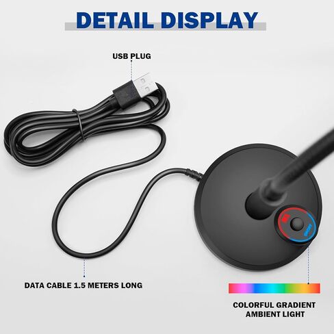 ميكروفون كمبيوتر USB مع ضوء تنفس RGB - كابل بطول 1.5 متر، ميكروفون سطح المكتب للتوصيل والتشغيل للبث والألعاب ومكالمات الفيديو والبودكاست in Kuwait