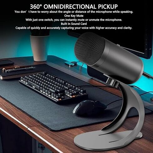 ميكروفون Yunseity USB للكمبيوتر الشخصي، ميكروفون كمبيوتر سلكي متعدد الاتجاهات بزاوية 360 درجة مع حامل ومؤشر ضوئي لألعاب البث المباشر، لنظام التشغيل OS X، للفوز in Kuwait