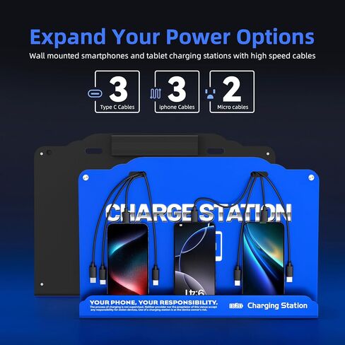 Wall Mounted 8 Port Charging Station with Fast Charigng Cables – Multi Device Charging Dock for Office, Hotel & Public Spaces | Compatible with iPhone ipad Smartphone Tablets Android Port (Blue) in Saudi Arabia
