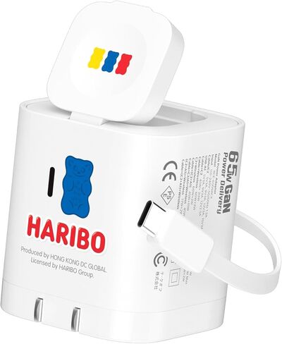 شاحن حائط Haribo 65W GaN مع كابل USB-C قابل للسحب، PD 3.0 & QC 4+ / 4.0 شحن سريع، شحن لاسلكي لساعة Apple، متوافق مع iPhone وGalaxy وiPad وApple Watch in Kuwait