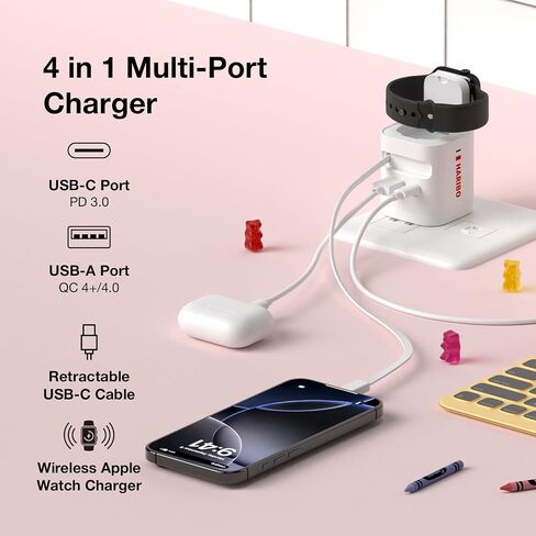 شاحن حائط Haribo 65W GaN مع كابل USB-C قابل للسحب، PD 3.0 & QC 4+ / 4.0 شحن سريع، شحن لاسلكي لساعة Apple، متوافق مع iPhone وGalaxy وiPad وApple Watch in Kuwait