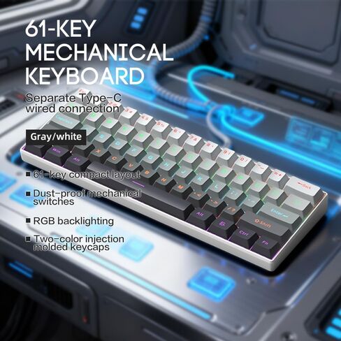 60% Wired Mechanical Gaming Keyboard, Mixed Backlit 61 Keys Compact Waterproof Mini Keyboard with Blue Switches for PC/Mac, Gamer, Typist, Travel (Mechanical Black Discoloration) in Saudi Arabia