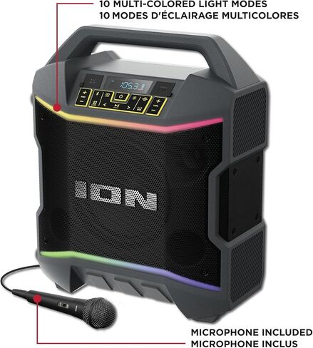 مكبر صوت بلوتوث ION Audio Party Boom Plus قابل لإعادة الشحن مع ميكروفون وتأثيرات ضوئية وباس وراديو FM (متجدد) in Saudi Arabia